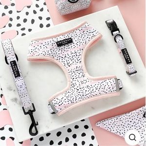 Cocopup Pink Dalmatian Adjustable Harness, Lead, Collar, Poop Bag Holder+ Mat
